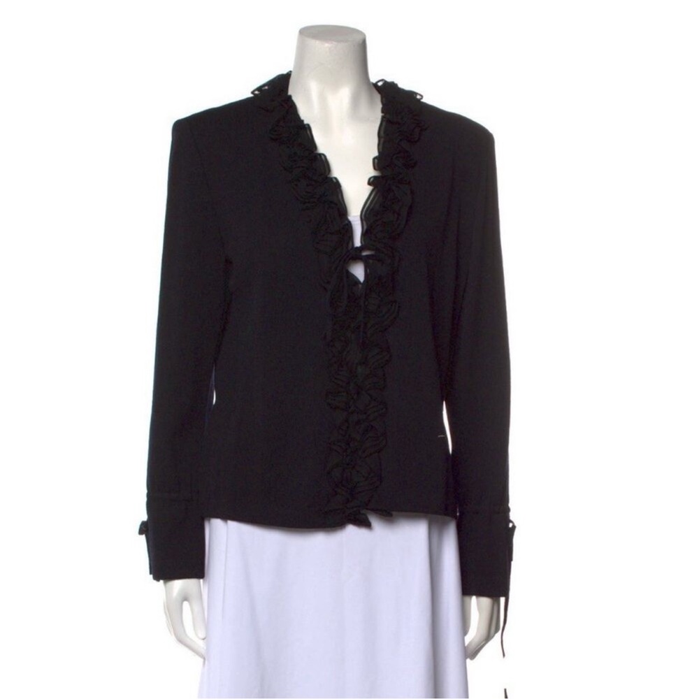St.John Essentials Size 14 Black Ruffled Silk Rich Santana Knit Blazer Jacket